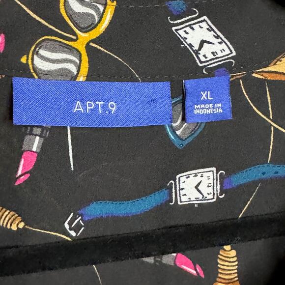 APT 9 XL Blouse Black Roll Tab Sleeve Beauty Chain Accessories Button Pockets - Picture 5 of 8